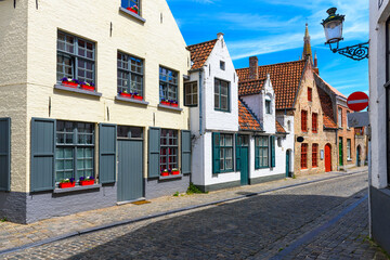 Old street of the historic city center of Bruges (Brugge), West Flanders province, Belgium. Cityscape of Bruges.