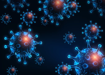 Futuristic glowing low polygonal hiv, influenza or rotavirus cells on dark blue background.