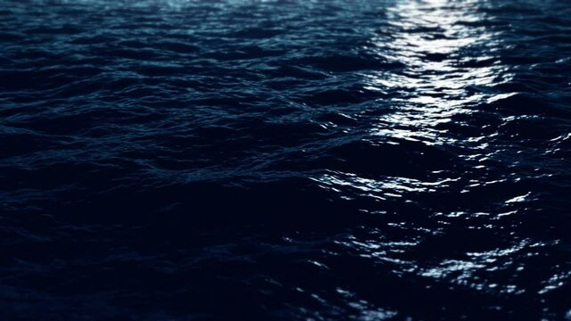 Over dark night ocean water surface, with moon light reflection . 4K seamless loop