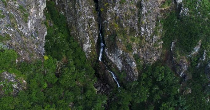 Aerial view of the Pitoes das Junias waterfall at the Peneda Geres National Park in Portugal.