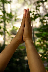  palms together in the forest practicing yoga