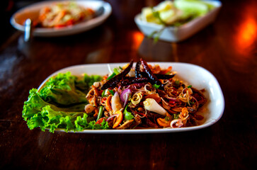 Crispy Fish Maw in Spicy Salad with vegetable delicious and healthy food is popular in Thailand