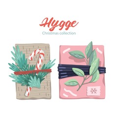 Vector illustrations of christmas gifts, decorated with plants, ribbons and recycled wrapping paper. Hygge vintage style. Pastel colors. 