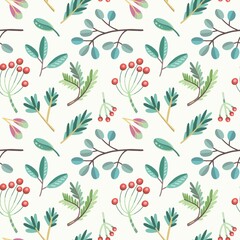 Seamless vector pattern with plants, leaves, berries, branches. Autumn floral design. For greeting cards, wrapping paper,  design, prints, stickers. Cute flat handdrawn style. 