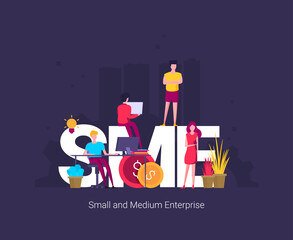 SME, Small and Medium Enterprise. Concept with people, letters and icons.