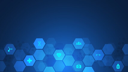 Healthcare and technology concept with flat icons and symbols. Template design for health care business, innovation medicine, science background, medical research. Vector illustration.