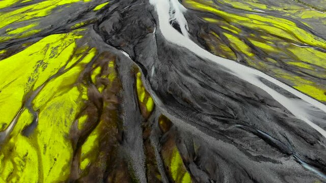 Aerial top down view of glacial river in Iceland