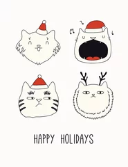 Foto op Canvas Hand getekende kaart, banner met schattige katten gezichten in Santa Claus hoeden, tekst Happy holidays. Vector illustratie. Lijntekening. Geïsoleerde objecten op wit. Ontwerpconcept voor kerstprint, uitnodigen. © Maria Skrigan