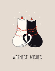 Hand drawn card, banner with cute cats in Santa Claus hats, garland, snowflakes, text Warmest wishes. Vector illustration. Line drawing. Isolated objects. Design concept for Christmas print, invite.