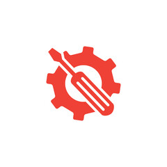 Service Tools Red Icon On White Background. Red Gear Wheel & Hammer Flat Style Vector Illustration