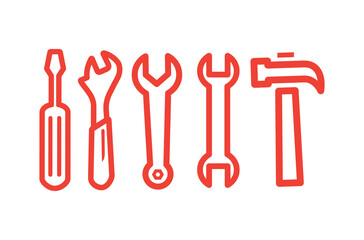 Wrench Spanner Screwdriver And Hammer Line Red Icon On White Background. Red Flat Style Vector