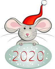 Smiling rat in christmas winter hat vector illustration new year symbol 2020. Hand draw mouse for christmas design. Isolated on a white background. Illustration for greeting cards, calendars, prints. 