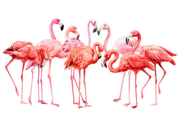 set of  pink flamingo on an isolated white background, watercolor illustration - obrazy, fototapety, plakaty