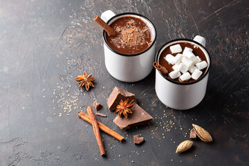 Hot chocolate with marshmallow and cinnamon stick on brown background