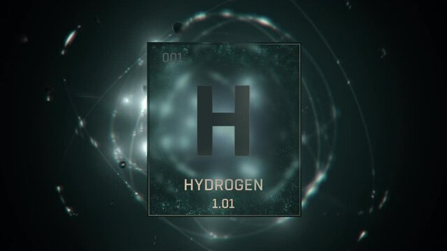 Hydrogen as Element 1 of the Periodic Table. Seamlessly looping 3D animation on green illuminated atom design background with orbiting electrons. Design shows name, atomic weight and element number 