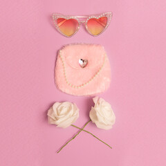 Fashion accessories for Lady Retro Heart Sunglasses, clutch. Pink vintage wedding vibes
