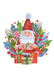 Christmas composition of watercolor elements with Santa, berries, sweets, gifts and different leaves. Suitable for cards, decoration of holidays, invitations and design.