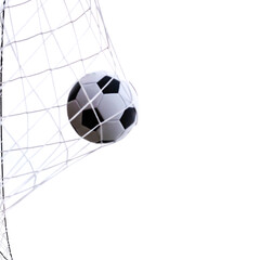 Naklejka premium Studio shot moving soccer ball in goal net isolated on white