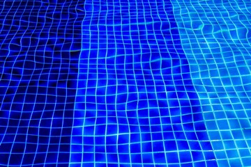 Various blue tile on the bottom of swimming pool, Ripple and wave on water surface and under.