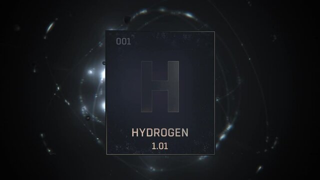 Hydrogen as Element 1 of the Periodic Table. Seamlessly looping 3D animation on red illuminated atom design background with orbiting electrons. Design shows name, atomic weight and element number