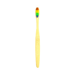Toothbrushes of different colors isolated on white background.wooden tooth isolated on white background.eco-friendly bamboo toothbrushes,colorful toothbrushes stand in clear glass for the whole family