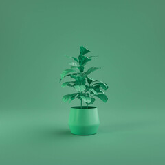 Green monochrome plant and vase on green background, 3d Rendering