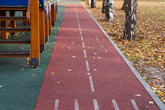 Treadmill is made of anti-slip rubber coating of burgundy color, with white dotted line, along the playground on the left and a curb with a number of birch trees and fallen autumn foliage on the right