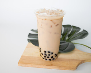 Brown sugar pearl milk tea on the white background