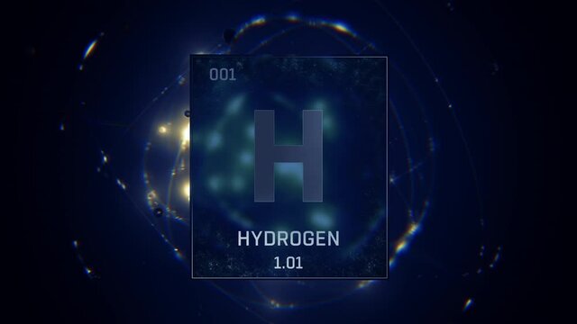 Hydrogen as Element 1 of the Periodic Table. Seamlessly looping 3D animation on blue illuminated atom design background with orbiting electrons. Design shows name, atomic weight and element number 