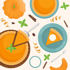 Flat lay with A piece of Christmas pumpkin pie on a wooden Board. Flat lay