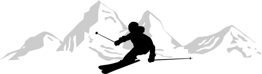 Winter Ski Snow Mountain Silhouette - obrazy, fototapety, plakaty