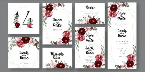 Burgundy Wedding Invitation Card, with decorative floral bouquet and marsala  arrangments - obrazy, fototapety, plakaty