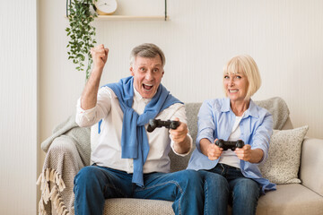 Mature couple competing in video games at home