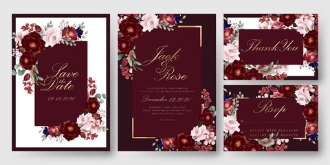 Burgundy Wedding Invitation Card, with decorative floral bouquet and marsala  arrangments - obrazy, fototapety, plakaty