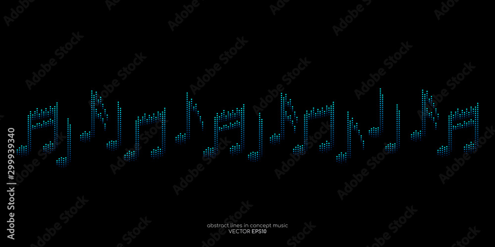 Poster music notes by equalizer lines wavy flowing in blue colors isolated on black background.