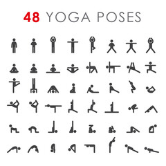 Big yoga poses asanas icons set. Vector illustrations. For logo yoga branding. Yoga people infographics. Stick figures. Pilates stretch gymnastics fitness poses