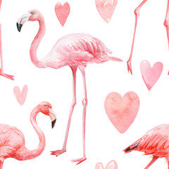 Obraz premium seamless pattern, watercolor drawings, painting, pink flamingos, crown, feathers, hearts, festive background