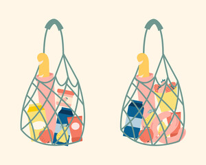 shopping bag with products from a supermarket, against plastic, vector illustration, string bag, net bag, or mesh bag, zero waste