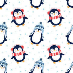 Seamless cute pattern, penguins, snow, snowflakes, winter. Penguin in knitted cap, scarf. Print for packaging, wallpaper, fabric, textile. Cartoon vector illustration for children.