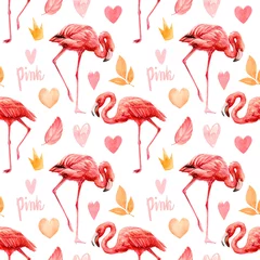 Foto auf Acrylglas Flamingo seamless pattern, watercolor drawings, painting, pink flamingos, crown, feathers, hearts, festive background