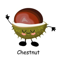 Walnut chestnut. Prickly nut. Vector illustration. Walnut character isolated on white background..