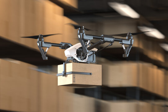 Realistic drone quadcopter delivering package from warehouse. Modern service and delivery. 3d rendering. Side view.