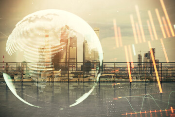 Forex graph with map hologram with city view from roof background. Double exposure. Financial analysis concept.