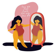 girl and her reflection in the mirror. girl looks in the mirror. reflection is smiling. Positive quote. Love and respect for the body. Feminism. Body positive