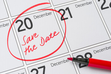 Save the Date written on a calendar - December 20