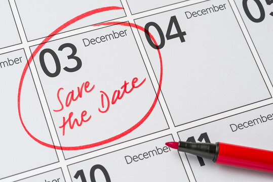 Save the Date written on a calendar - December 03