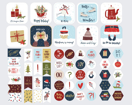 Collection of Christmas stickers. Vector isolated