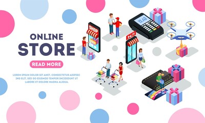 Online store, e-shop, e-commerce landing page template with shoppers, buyers, POS machine, smartphone for payment, bank card, courier, quadrocopter. Isometric vector illustration isolated on white.