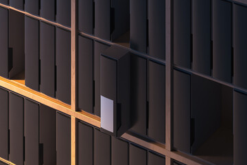 Wooden shelves with blank folders with copy space. 3d rendering. Archive.