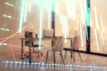 Forex chart hologram with minimalistic cabinet interior background. Double exposure. Stock market concept.